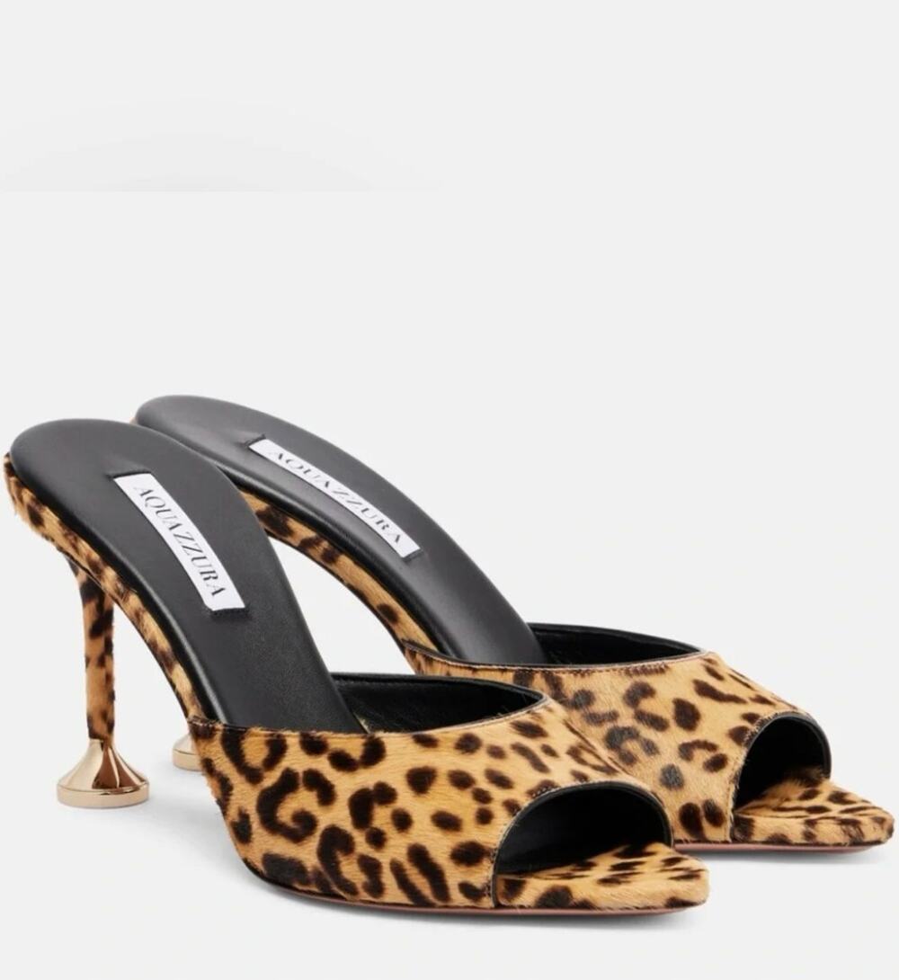 NWT Aquazzura Bisous Mule 85 Leopard Print Calf Hair EU 38.5 / US 8.5 Womens